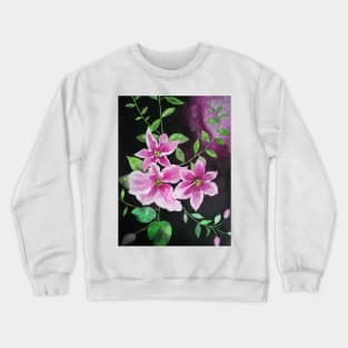 Purple pink clematis flowers watercolor painting against a dark background Crewneck Sweatshirt